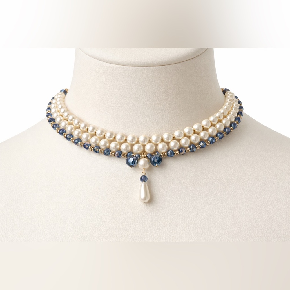 ✨ Faux Pearl & Blue Crystal Choker Necklace ✨
